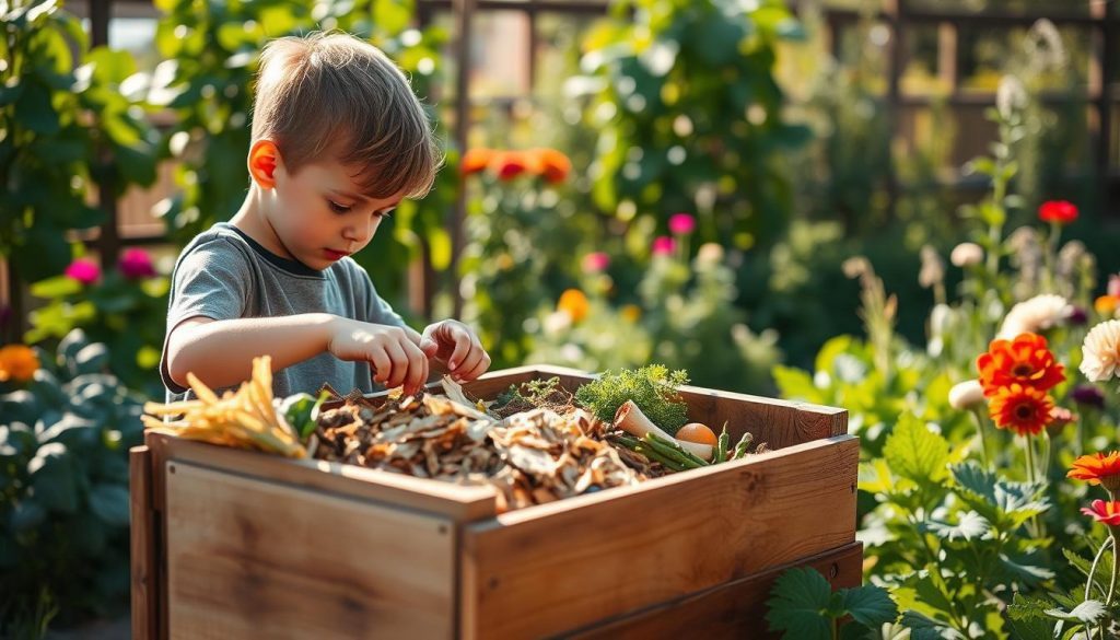 A brightly lit, warm-toned scene of two children, a boy and a girl, engaging in proper composting practices. In the foreground, the children are carefully sorting organic matter into a rustic wooden compost bin, their expressions attentive and diligent. The middle ground features a lush, verdant garden background, with vibrant vegetables and flowers thriving. Soft, natural lighting casts a gentle glow, highlighting the importance of safety and environmental responsibility. The overall atmosphere conveys a sense of discovery, education, and the joy of sustainable living. Discover How to teach kids about composting and make it a fun, educational experience for the whole family. Life skill learned early on will have a huge impact.