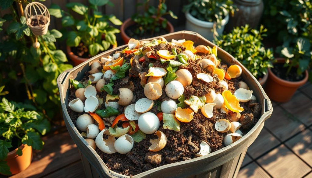 A composting bin filled with a variety of cooked food scraps, including vegetable peels, eggshells, and coffee grounds. The bin sits on a wooden deck, surrounded by lush greenery and potted plants, bathed in warm, natural lighting. The scene conveys a sense of sustainability and eco-friendliness, with the compost pile serving as a centerpiece for the kitchen garden. A composting bin filled with a variety of cooked food scraps, including vegetable peels, eggshells, and coffee grounds. The bin sits on a wooden deck, surrounded by lush greenery and potted plants, bathed in warm, natural lighting. The scene conveys a sense of sustainability and eco-friendliness, with the compost pile serving as a centerpiece for the kitchen garden.