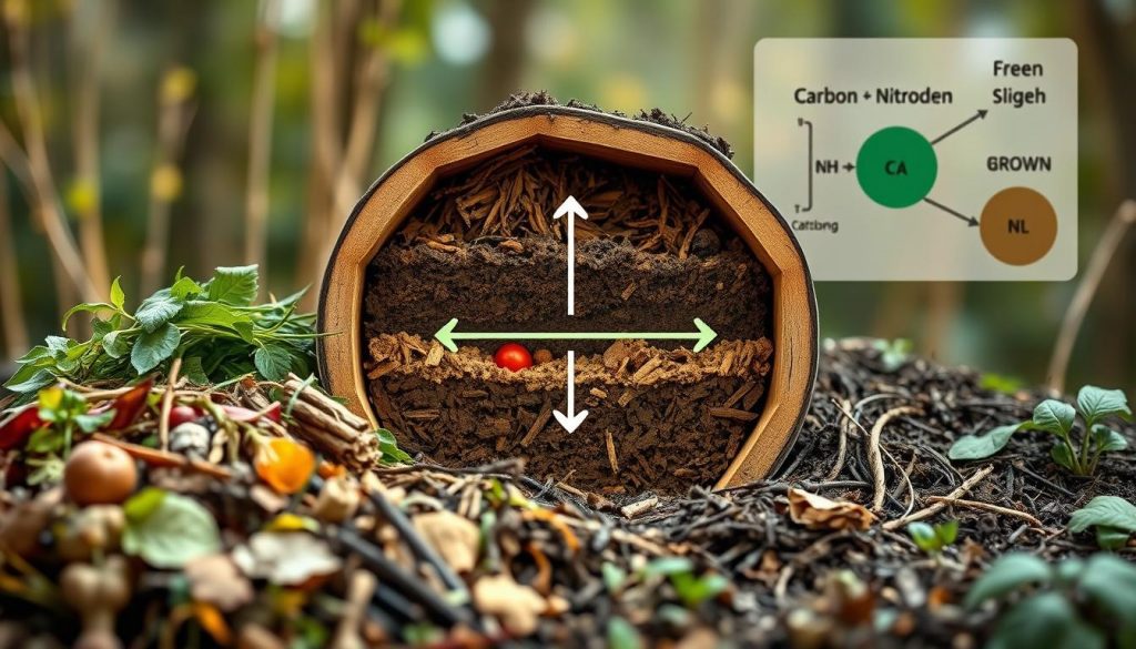 A detailed cutaway diagram showcasing the carbon to nitrogen ratio in a composting process. The foreground depicts organic matter like leaves, grass clippings, and food scraps, with arrows indicating the breakdown and decomposition. The middle ground reveals the internal layers of the compost pile, highlighting the microbial activity and temperature fluctuations. The background features a scientific illustration of the chemical reactions, displaying the visual relationship between carbon and nitrogen. The scene is lit by soft, natural lighting, with a muted color palette to convey the earthy, sustainable nature of the composting process. The overall composition emphasizes the environmental impact and efficiency of properly balancing green and brown composting materials. Green vs. Brown Composting: What's the Deal?