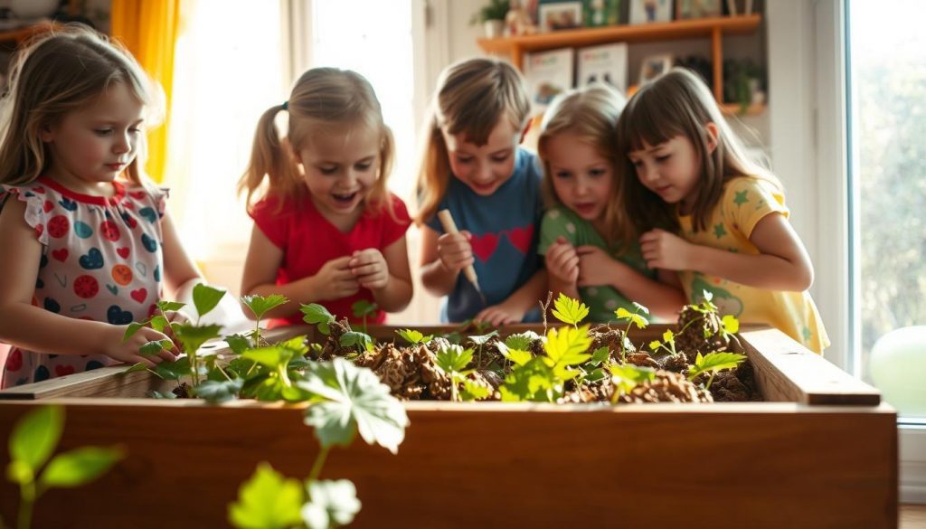 A group of children enthusiastically engaged in composting at home, with sunlight filtering through the window and illuminating the scene. In the foreground, vibrant green leaves and organic matter are carefully placed into a wooden compost bin, while the children, dressed in playful, colorful attire, are leaning in and observing the process with fascination. In the middle ground, a gardening tool or two, such as a small shovel or fork, are visible, hinting at the hands-on nature of the activity. The background features a warm, cozy home environment, with shelves or a windowsill displaying educational materials related to composting and sustainability. The overall atmosphere is one of exploration, discovery, and a sense of caring for the environment. Discover How to teach kids about composting and make it a fun, educational experience for the whole family. Life skill learned early on will have a huge impact.