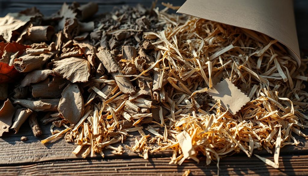 A high-resolution, close-up photograph of various brown composting materials including dried leaves, wood chips, straw, shredded paper, and cardboard laid out on a rustic wooden surface. The lighting is warm and natural, creating soft shadows that accentuate the textures of the materials. The image has a shallow depth of field, keeping the foreground in sharp focus while blurring the background to create a sense of depth and focus on the subject. The overall mood is earthy, organic, and inviting, conveying the importance of these brown composting ingredients in the composting process. Green vs. Brown Composting: What's the Deal?
