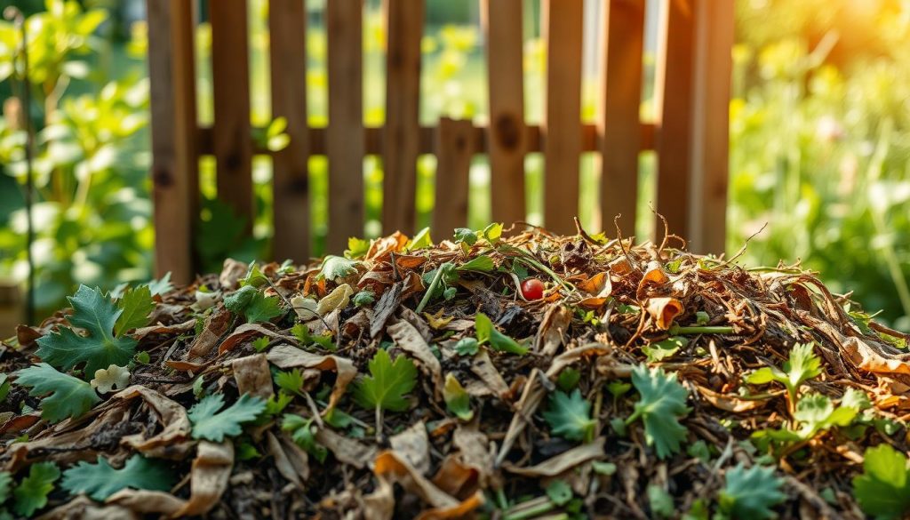 A well-managed compost pile bathed in soft, natural lighting. In the foreground, various kitchen scraps and garden trimmings are carefully layered, with a mix of greens and browns creating an optimal balance. The middle ground features an open compost bin, its wooden slats weathered by time, allowing air to circulate freely. In the background, a lush, verdant garden provides a serene backdrop, hinting at the rich, fertile soil that the compost will eventually nourish. The overall scene conveys a sense of caretakership and environmental harmony, inspiring the viewer to thoughtfully incorporate cooked food waste into their own sustainable composting practices. Can you compost cooked food?