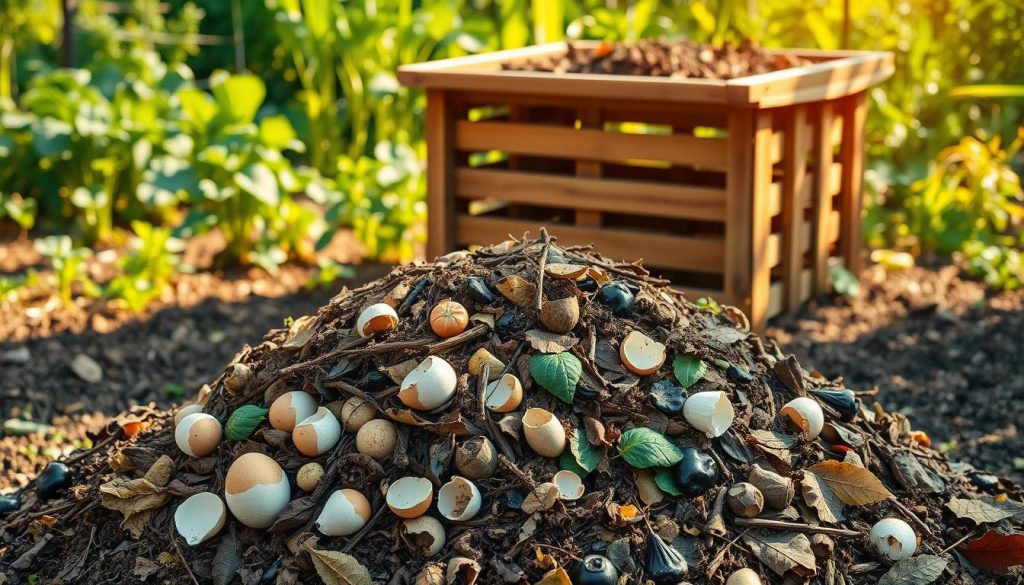 A well-organized compost pile in a lush garden setting. In the foreground, a neatly arranged heap of organic matter, including fruit and vegetable scraps, eggshells, and dried leaves. The middle ground features a wooden compost bin, its slats allowing airflow to facilitate decomposition. In the background, a vibrant vegetable garden thrives, with healthy plants and verdant foliage. Warm, natural lighting illuminates the scene, casting soft shadows and enhancing the earthy tones. The overall atmosphere conveys a sense of environmental stewardship and sustainable living. A well-organized compost pile in a lush garden setting. In the foreground, a neatly arranged heap of organic matter, including fruit and vegetable scraps, eggshells, and dried leaves. The middle ground features a wooden compost bin, its slats allowing airflow to facilitate decomposition. In the background, a vibrant vegetable garden thrives, with healthy plants and verdant foliage. Warm, natural lighting illuminates the scene, casting soft shadows and enhancing the earthy tones. The overall atmosphere conveys a sense of environmental stewardship and sustainable living.