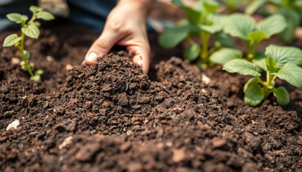 Close-up of rich, dark compost being used in a garden with plants visibly thriving