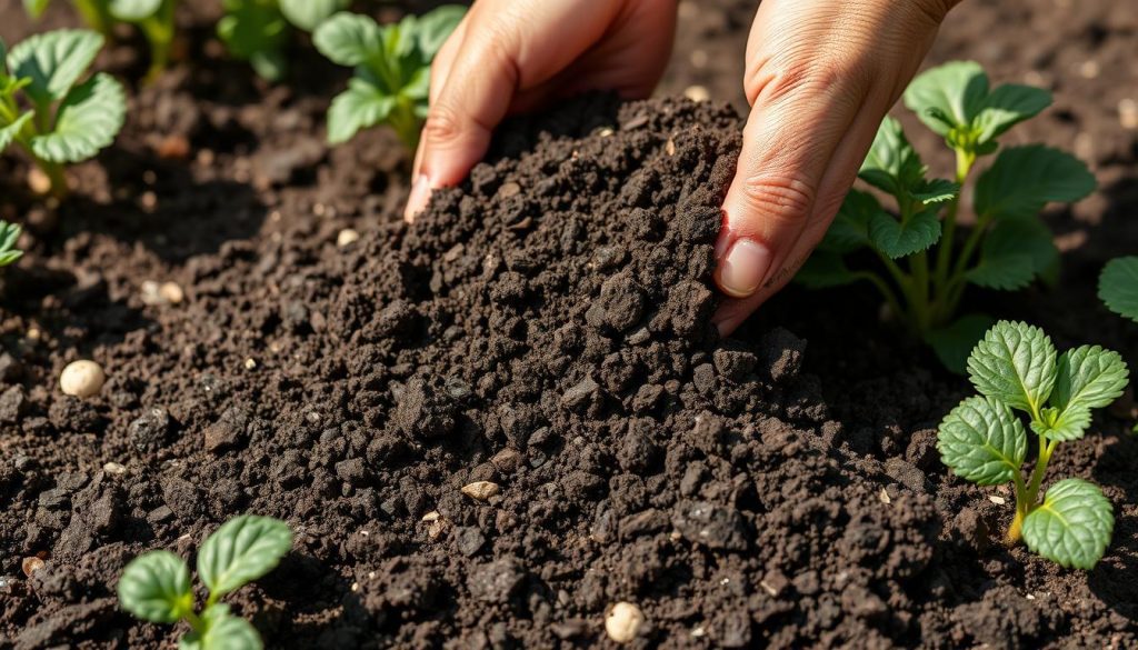 Finished dark compost being applied to a garden bed with vegetables growing