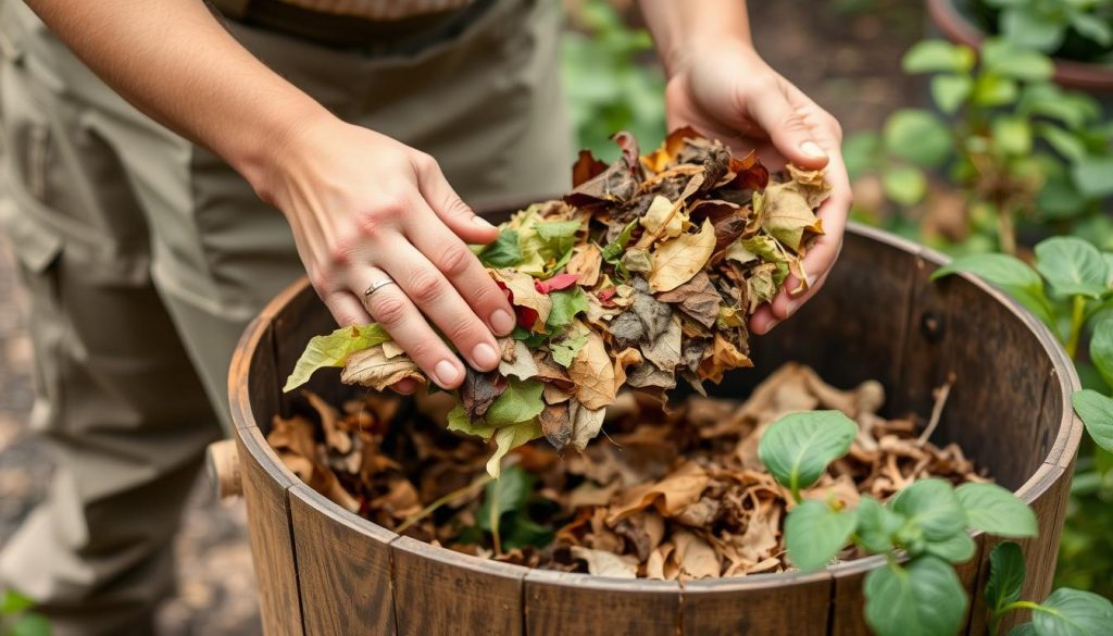 Person adding a mix of green and brown materials to a compost tumbler