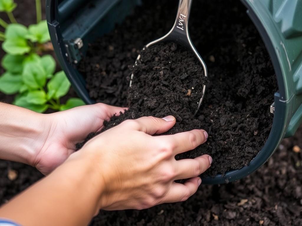 Finished compost from EJWOX composter being used in a garden