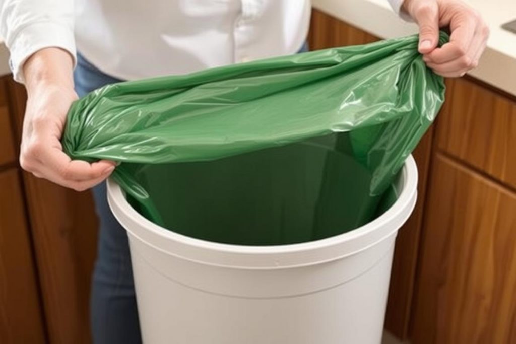 Person easily fitting a compostable trash bag into a kitchen bin Person easily fitting a compostable trash bag into a kitchen bin