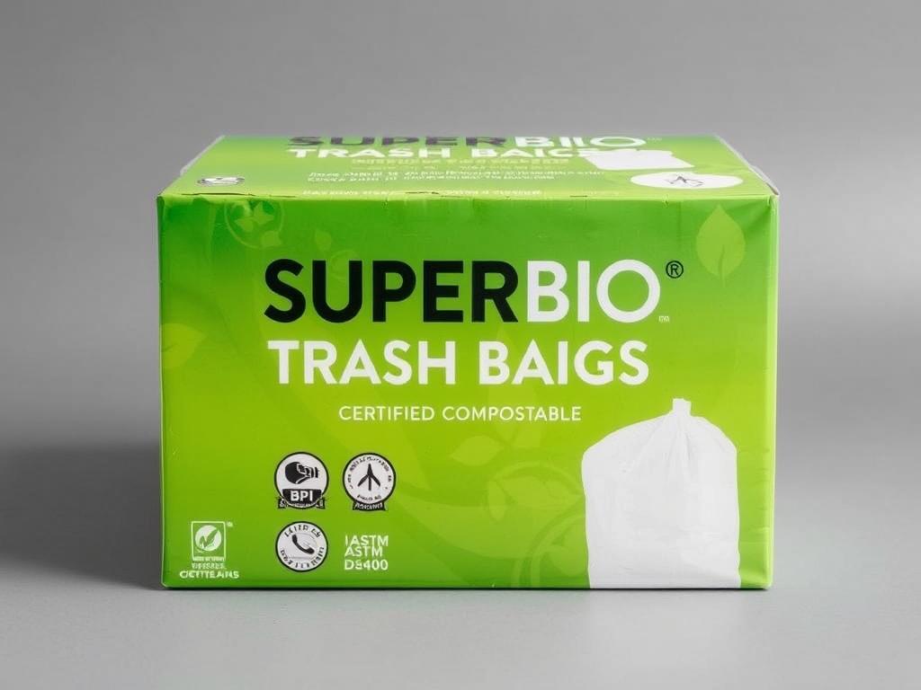 SUPERBIO Compostable Trash Bags package showing certification labels SUPERBIO Compostable Trash Bags package showing certification labels