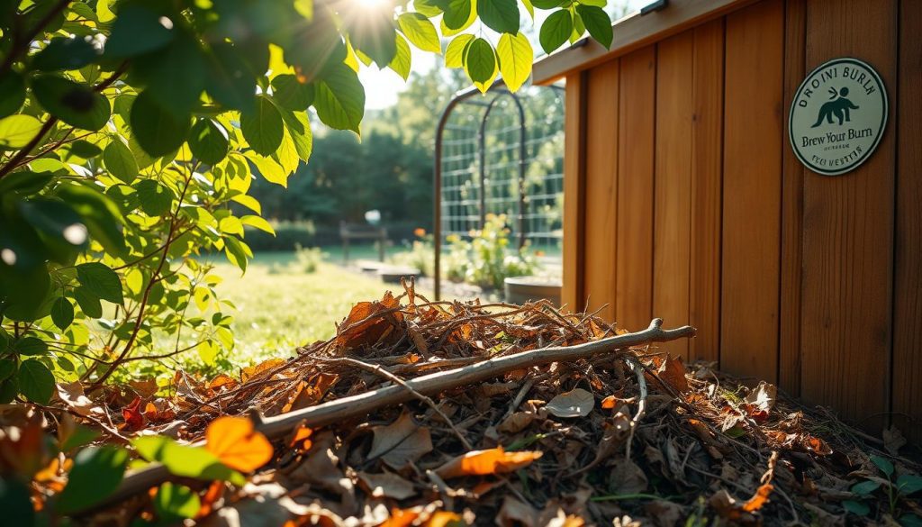 A lush, verdant backyard with a wooden compost bin tucked in the corner, its contents slowly decomposing. Sunlight filters through the leaves, casting a warm, natural glow. In the foreground, a few fallen branches and dried leaves form a cozy layer, inviting insects and microorganisms to thrive. The middle ground showcases the bin's simple design, with Brew Your Burn's logo prominently displayed on the side. The background features a well-maintained garden, hinting at the abundant nutrients the compost will provide. The scene exudes a sense of tranquility and low-effort sustainability, reflecting the essence of cold composting. What is the best composting method?