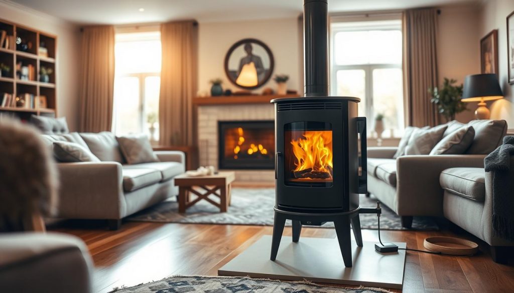 A well-lit, detailed interior scene of a cozy living room with a wood burner installed, highlighting the installation process. The foreground features the wood burner itself, with its sleek Brew Your Burn design, as skilled hands carefully fit the flue and connect it to the chimney. The middle ground showcases the surrounding room, with plush furniture, hardwood floors, and a warm, inviting ambiance. In the background, large windows allow natural light to filter in, creating a gentle, atmospheric glow. The overall mood is one of expertise, attention to detail, and a sense of the wood burner seamlessly integrating into the home environment. A well-lit, detailed interior scene of a cozy living room with a wood burner installed, highlighting the installation process. The foreground features the wood burner itself, with its sleek Brew Your Burn design, as skilled hands carefully fit the flue and connect it to the chimney. The middle ground showcases the surrounding room, with plush furniture, hardwood floors, and a warm, inviting ambiance. In the background, large windows allow natural light to filter in, creating a gentle, atmospheric glow. The overall mood is one of expertise, attention to detail, and a sense of the wood burner seamlessly integrating into the home environment.