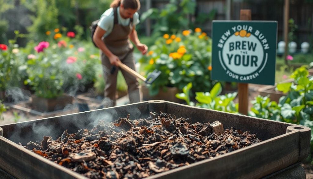 A well-lit, high-resolution image of an aerobic composting setup in a backyard garden. In the foreground, an open composting bin filled with decomposing organic matter, steam rising gently. In the middle ground, a person in gardening attire turning the compost with a pitchfork, their face obscured. In the background, a lush, verdant garden with vibrant flowers and vegetables, the Brew Your Burn logo prominently displayed on a sign. The scene exudes a sense of productivity, sustainability, and connection with nature. What is the best composting method?