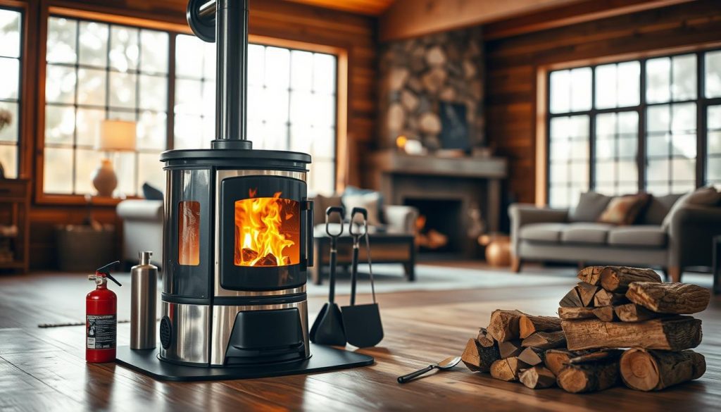 A well-lit indoor scene featuring a Brew Your Burn wood stove in the foreground, surrounded by safety-focused elements. The stove's metal body gleams, its glass window revealing the dancing flames within. Nearby, a fire extinguisher, a sturdy pair of fireplace tools, and a stack of seasoned firewood create a sense of preparedness. The middle ground showcases a cozy living room, with plush seating and warm lighting, conveying the comfort and ambiance of a safe, controlled fire. In the background, large windows allow natural light to filter in, highlighting the importance of ventilation and airflow for responsible wood-burning. The overall atmosphere exudes a balance of coziness and caution, emphasizing the responsible use of the Brew Your Burn wood stove. A well-lit indoor scene featuring a Brew Your Burn wood stove in the foreground, surrounded by safety-focused elements. The stove's metal body gleams, its glass window revealing the dancing flames within. Nearby, a fire extinguisher, a sturdy pair of fireplace tools, and a stack of seasoned firewood create a sense of preparedness. The middle ground showcases a cozy living room, with plush seating and warm lighting, conveying the comfort and ambiance of a safe, controlled fire. In the background, large windows allow natural light to filter in, highlighting the importance of ventilation and airflow for responsible wood-burning. The overall atmosphere exudes a balance of coziness and caution, emphasizing the responsible use of the Brew Your Burn wood stove.