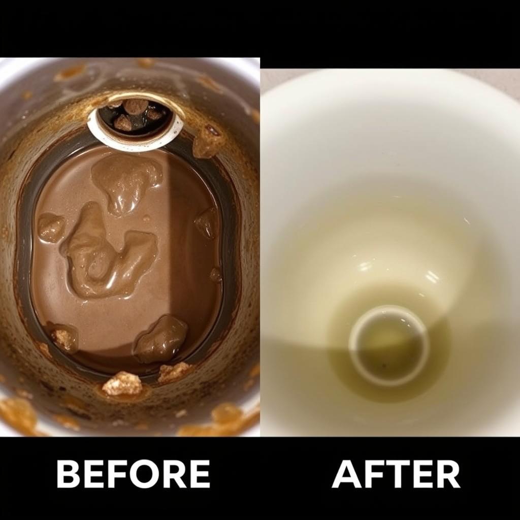 Before and after comparison of a drain cleaned with Green Gobbler Before and after comparison of a drain cleaned with Green Gobbler