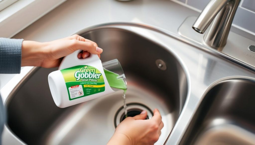 Green Gobbler being used to clear a kitchen sink drain Green Gobbler being used to clear a kitchen sink drain
