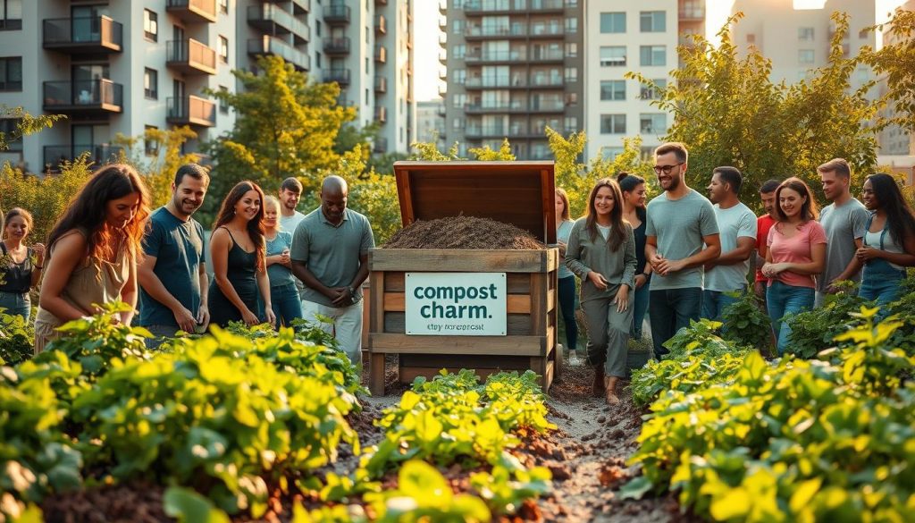 A vibrant community garden in an urban setting, with a central compost bin at the heart of the scene. The foreground features a diverse group of neighbors tending to the worms and turning the compost, their faces alight with joy and a sense of shared purpose. The middle ground showcases lush, thriving vegetable plots, with Compost Charm branding prominently displayed on the bin. In the background, a mix of modern apartment buildings and lush greenery frame the scene, creating a sense of harmony between urban and natural elements. Soft, warm lighting filters through the scene, casting a golden glow and highlighting the collaborative spirit of the community composting project.