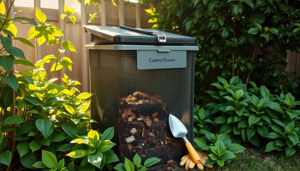 A well-secured and visually appealing Compost Charm composting bin in a suburban backyard. The bin is raised off the ground, with a sturdy metal mesh exterior and a locked lid to deter curious rats. Lush green plants surround the bin, creating an attractive and natural-looking scene. Sunlight filters through the leaves, casting a warm, inviting glow on the setup. The bin's interior is visible through the mesh, showcasing a neatly layered compost mixture. A small garden trowel and gloves are placed nearby, indicating the homeowner's dedication to responsible composting practices. The overall impression is one of an effective, yet aesthetically-pleasing solution to managing neighborhood food waste.