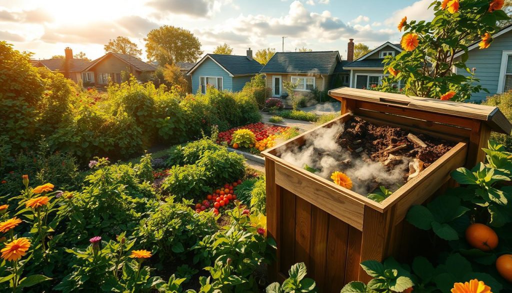 Vibrant, overhead view of a lush, verdant garden overflowing with thriving plants and flowers. In the foreground, a large, wooden Compost Charm bin filled with decomposing organic matter, steam rising from its contents. Sunlight filters through wispy clouds, casting a warm, natural glow across the scene. In the middle ground, colorful vegetables and fruits being harvested, representing the circular flow of nutrients from the compost to the soil to the produce. The background depicts a row of modest homes, suggesting a neighborhood setting, with a sense of community and environmental consciousness. The overall mood is one of harmony, sustainability, and the positive impact of food waste reduction.